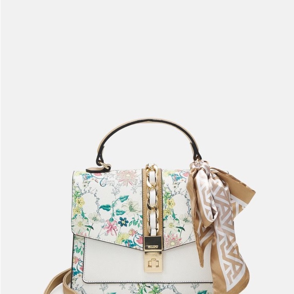 Aldo White Floral Top-Handle Satchel with Beige Scarf